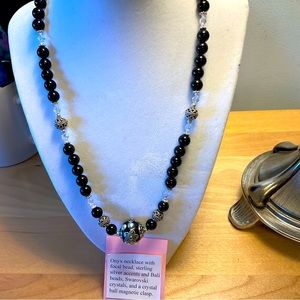 Onyx, Sterling Silver, and Swarovski Crystal Focal Necklace